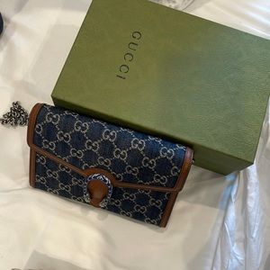GUCCI denim and brown leather handbag